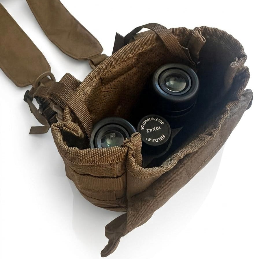 Tethered binoculars riding in the LT1 chest pack