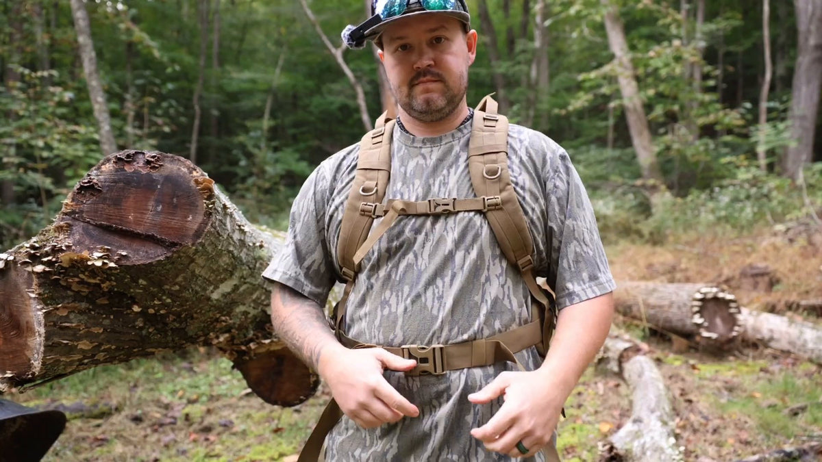 Josh from The High Life TV wearing the Lone Trail SB1 backpack's shoulder straps and hip belt