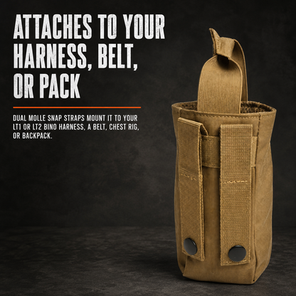 Lone Trail bear spray pouch attaches to your harness, belt, or pack via dual MOLLE snap straps