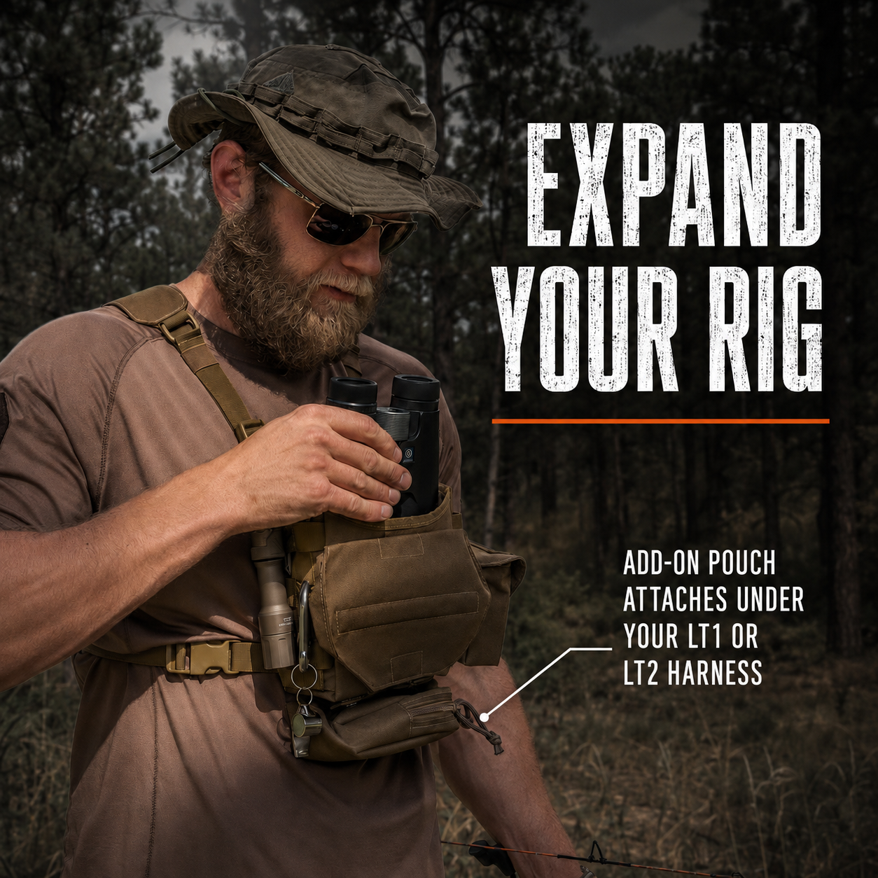 Lone Trail bottom pouch add-on attaches under the LT1 or LT2 bino harness