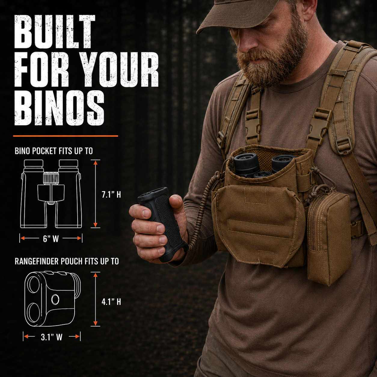 Lone Trail LT1 bino harness built for your binos - bino pocket fits up to 6 by 7.1 inches, rangefinder pouch up to 3.1 by 4.1 inches