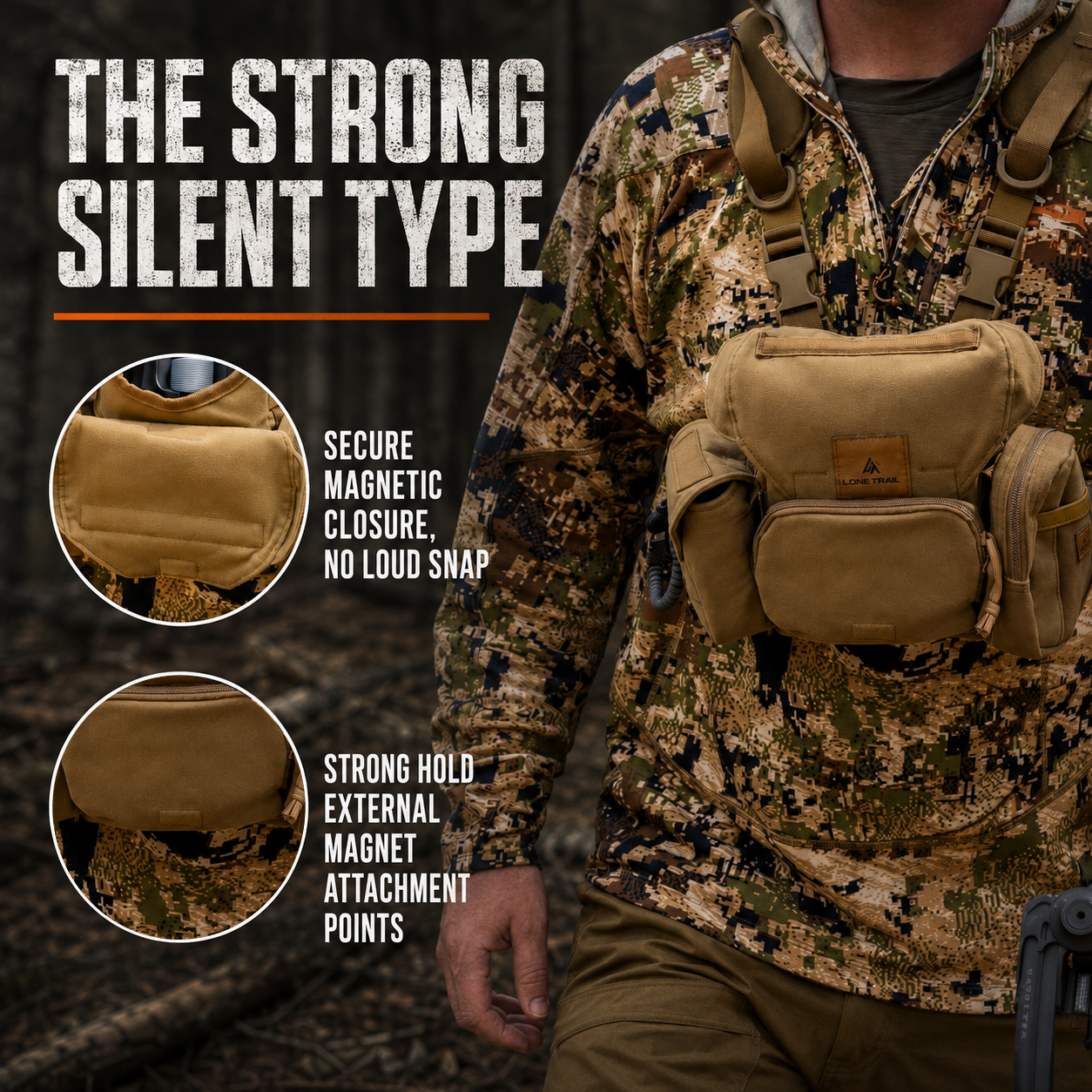 Lone Trail LT2 bino harness secure magnetic closure with no loud snap
