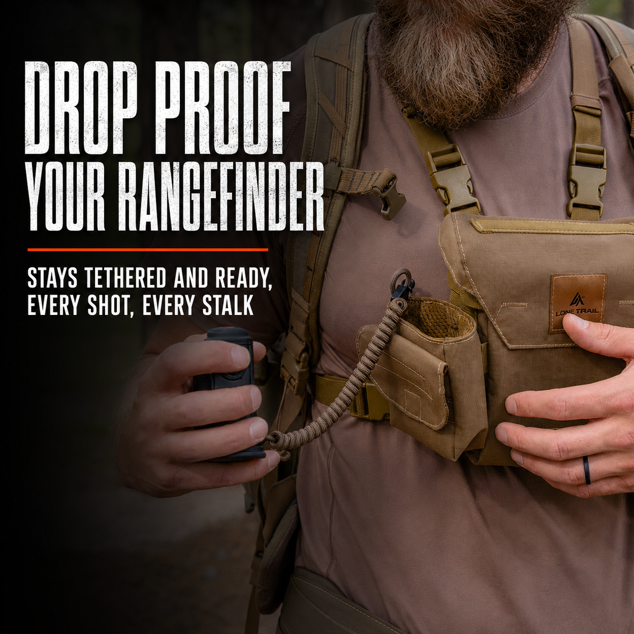 Hunter with rangefinder secured by Lone Trail drop-proof tether on a chest rig