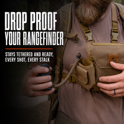 Hunter with rangefinder secured by Lone Trail drop-proof tether on a chest rig