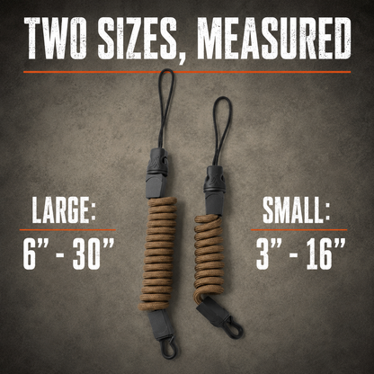 Lone Trail rangefinder tether sizes, large 6 to 30 inches and small 3 to 16 inches