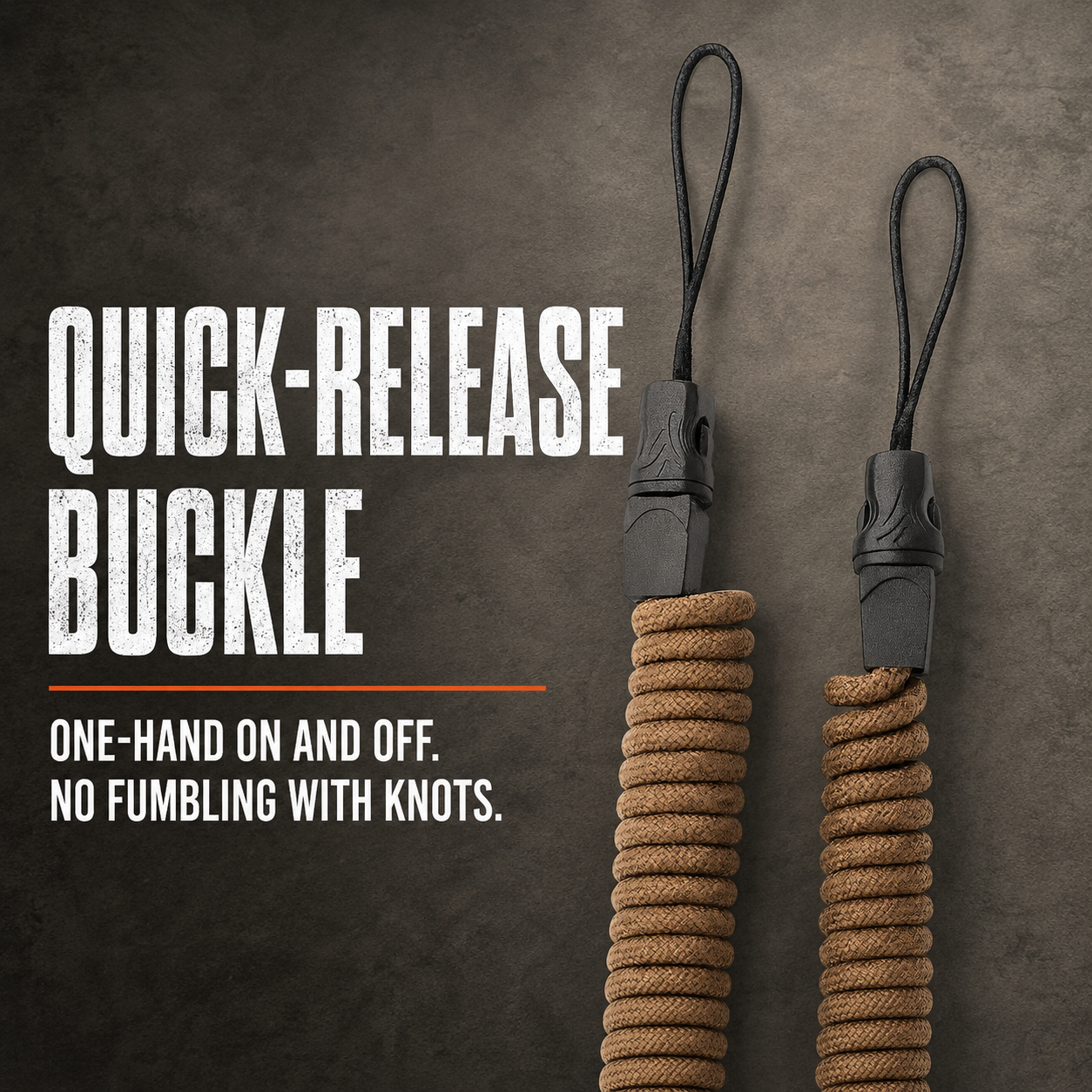 Lone Trail rangefinder tether quick-release buckle, one-hand on and off