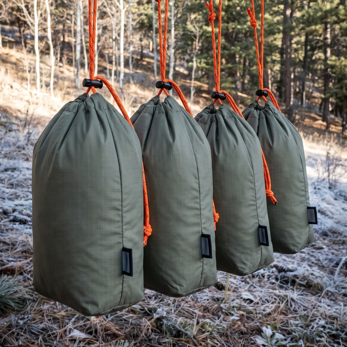 Four loaded game bags hanging from a branch by their orange cords