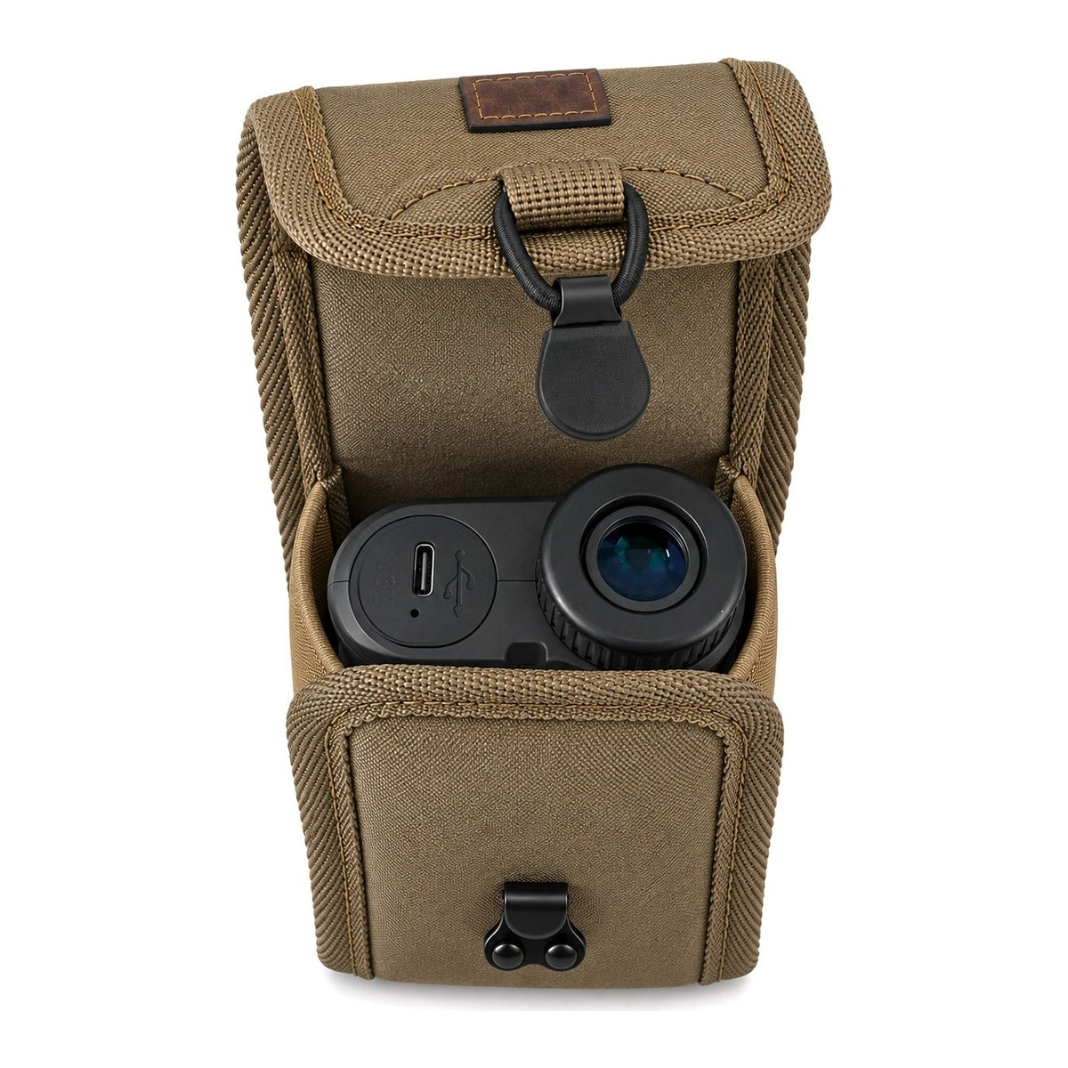 Rangefinder sitting inside the pouch, flap open