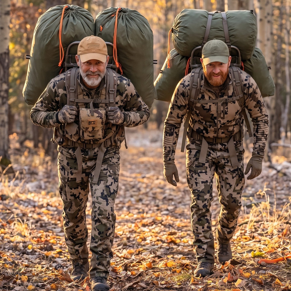 Two hunters packing out loaded game bags on their pack frames