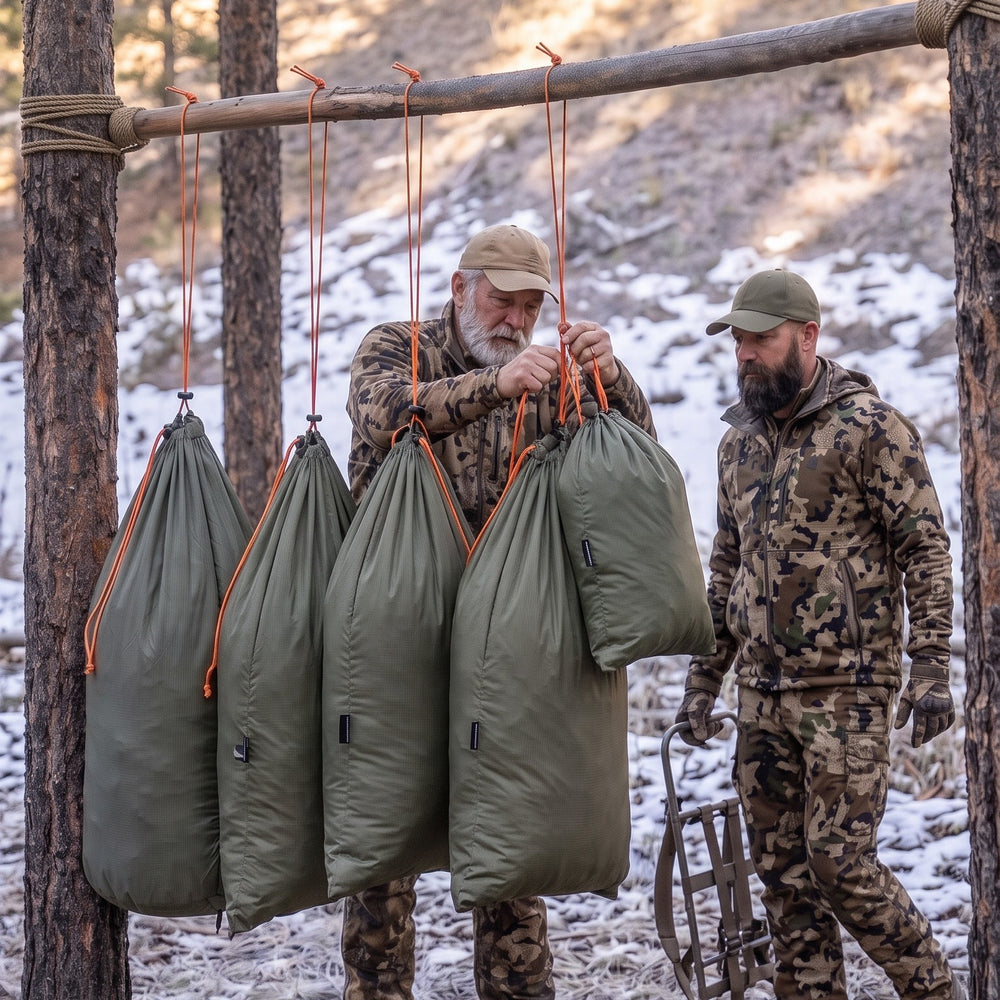 Five game bags hung on a meat pole at camp